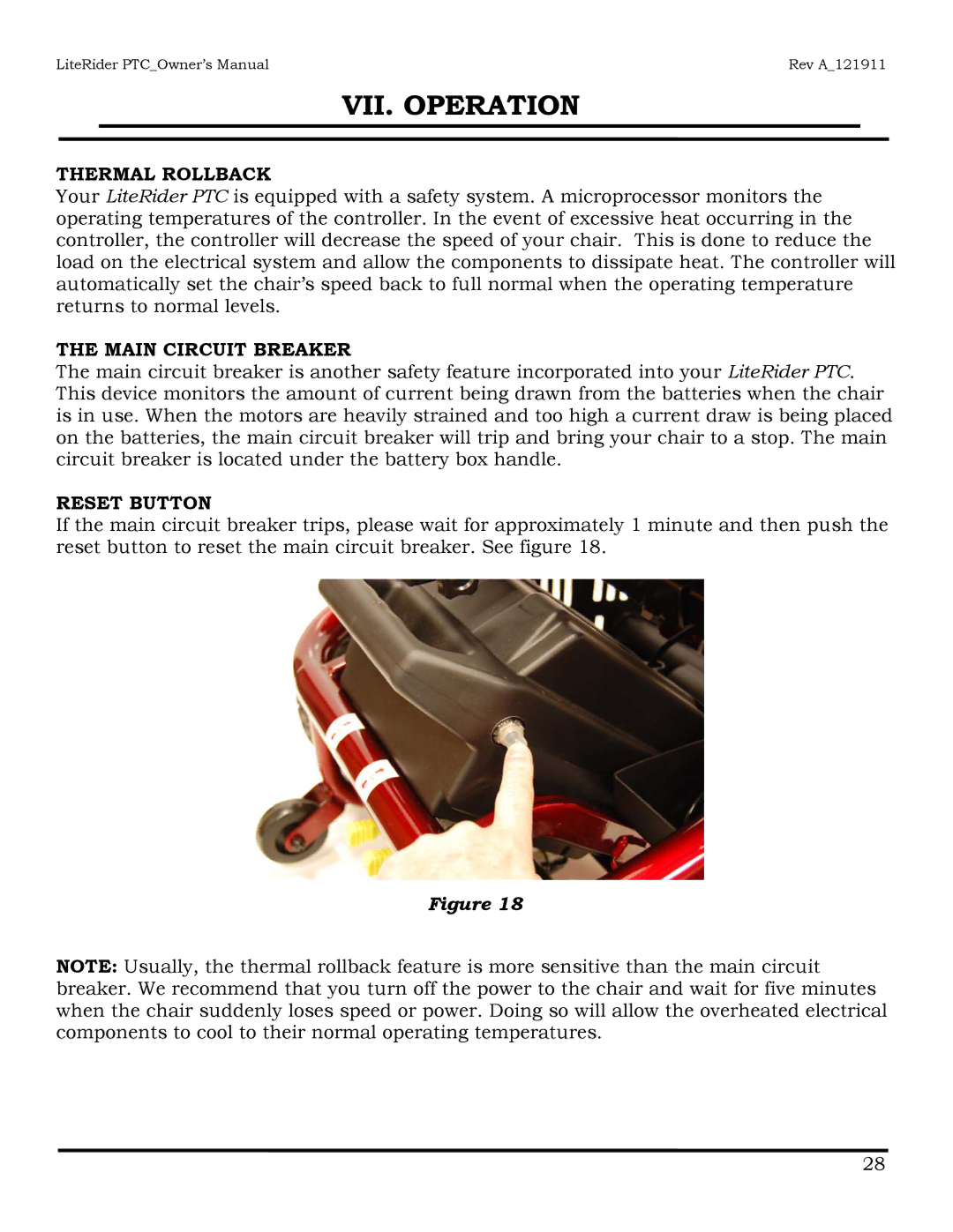 Golden Technologies GP160 owner manual Thermal Rollback, Main Circuit Breaker, Reset Button 