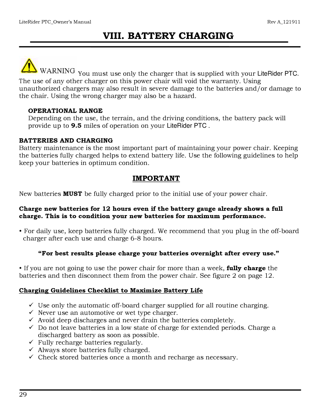 Golden Technologies GP160 owner manual VIII. Battery Charging, Operational Range, Batteries and Charging 