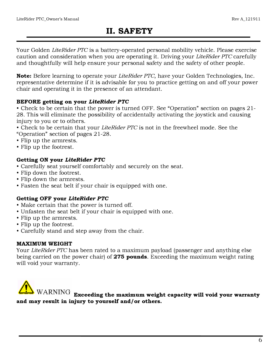 Golden Technologies GP160 II. Safety, Before getting on your LiteRider PTC, Getting on your LiteRider PTC, Maximum Weight 