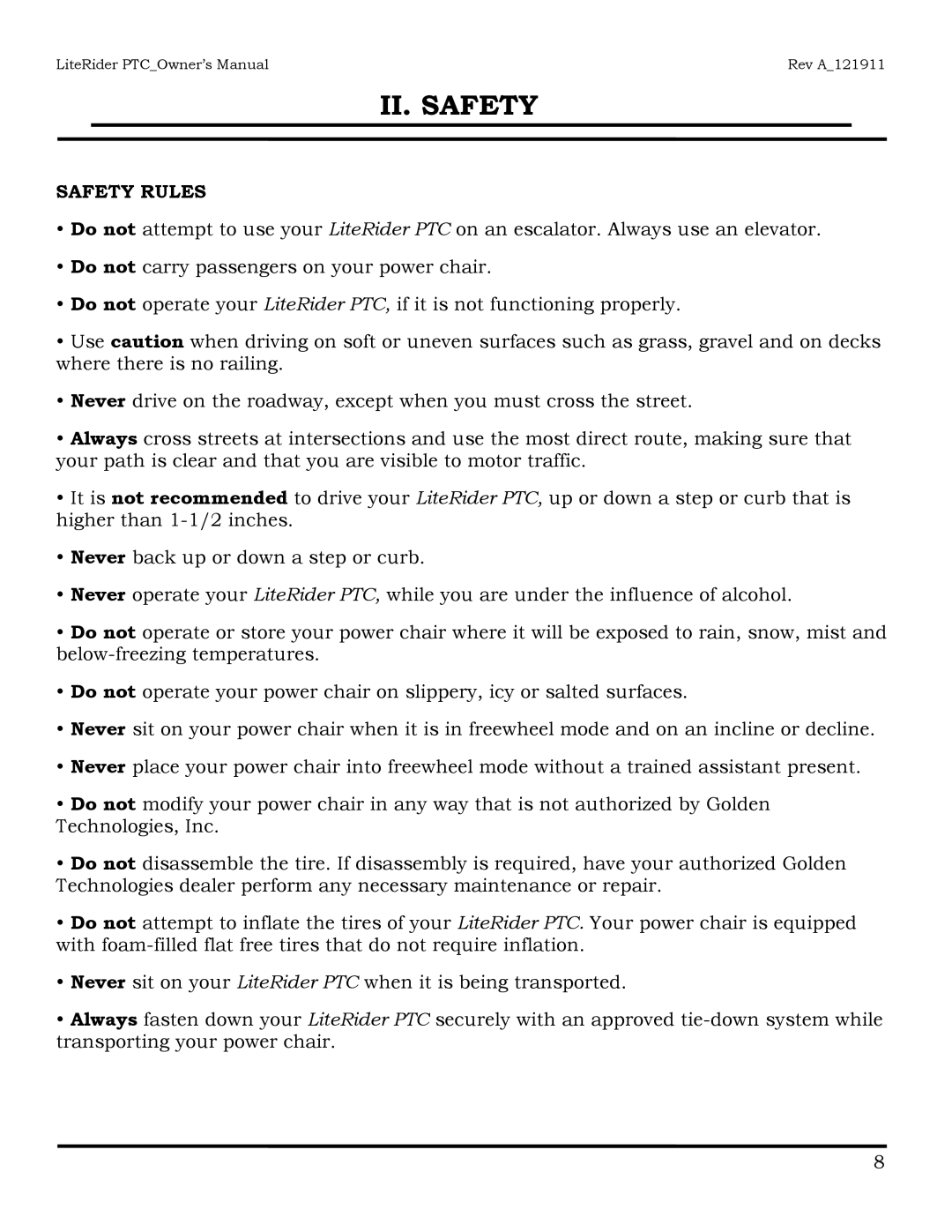 Golden Technologies GP160 owner manual Safety Rules 