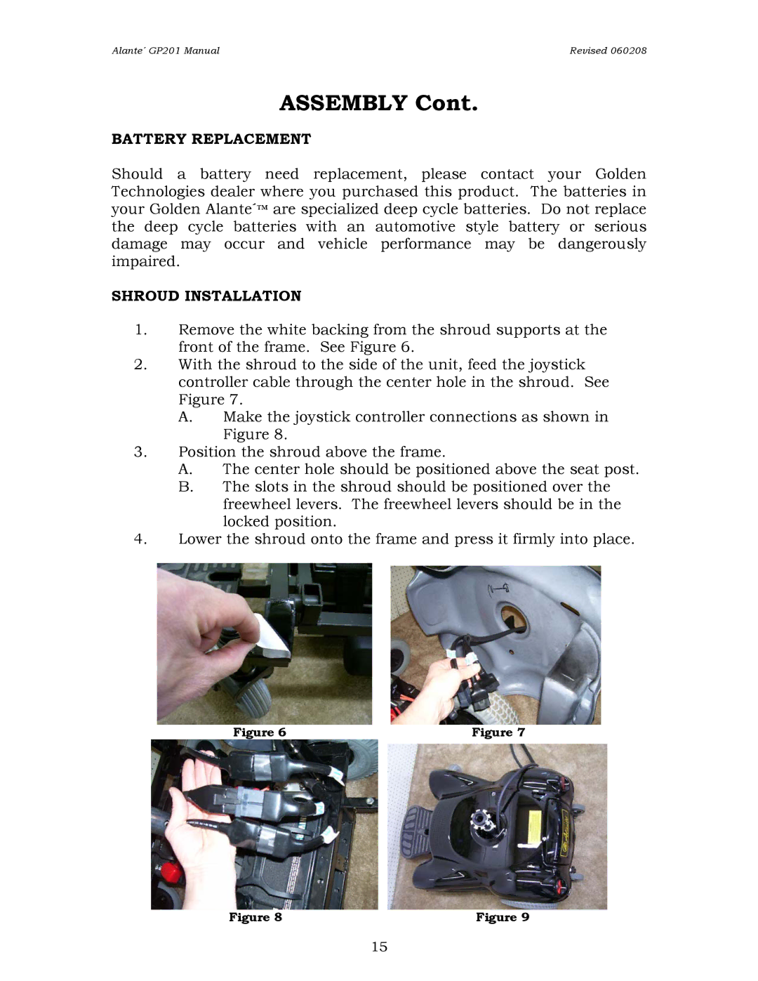 Golden Technologies GP201SS, GP201CC owner manual Battery Replacement, Shroud Installation 