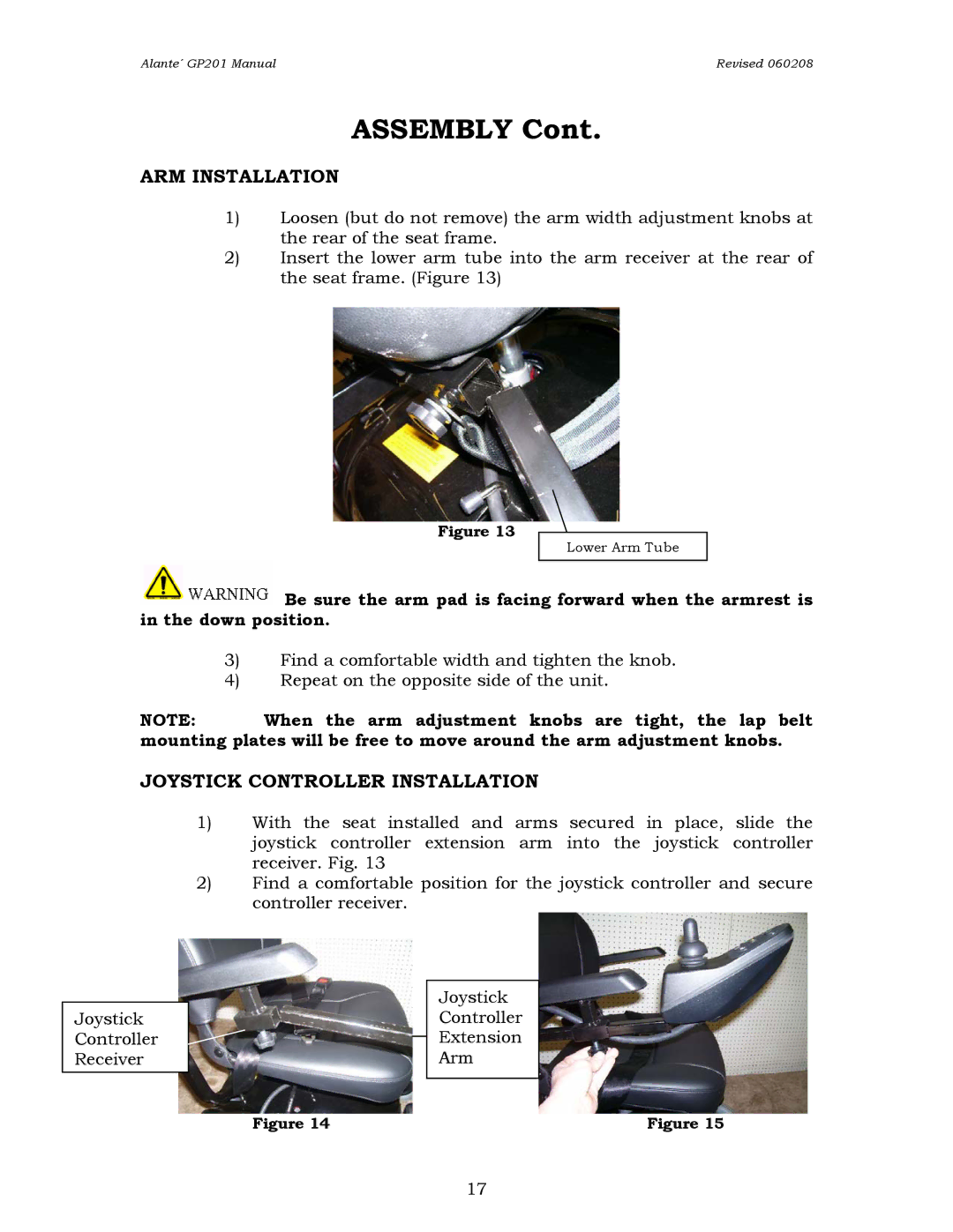 Golden Technologies GP201SS, GP201CC owner manual ARM Installation, Joystick Controller Installation 