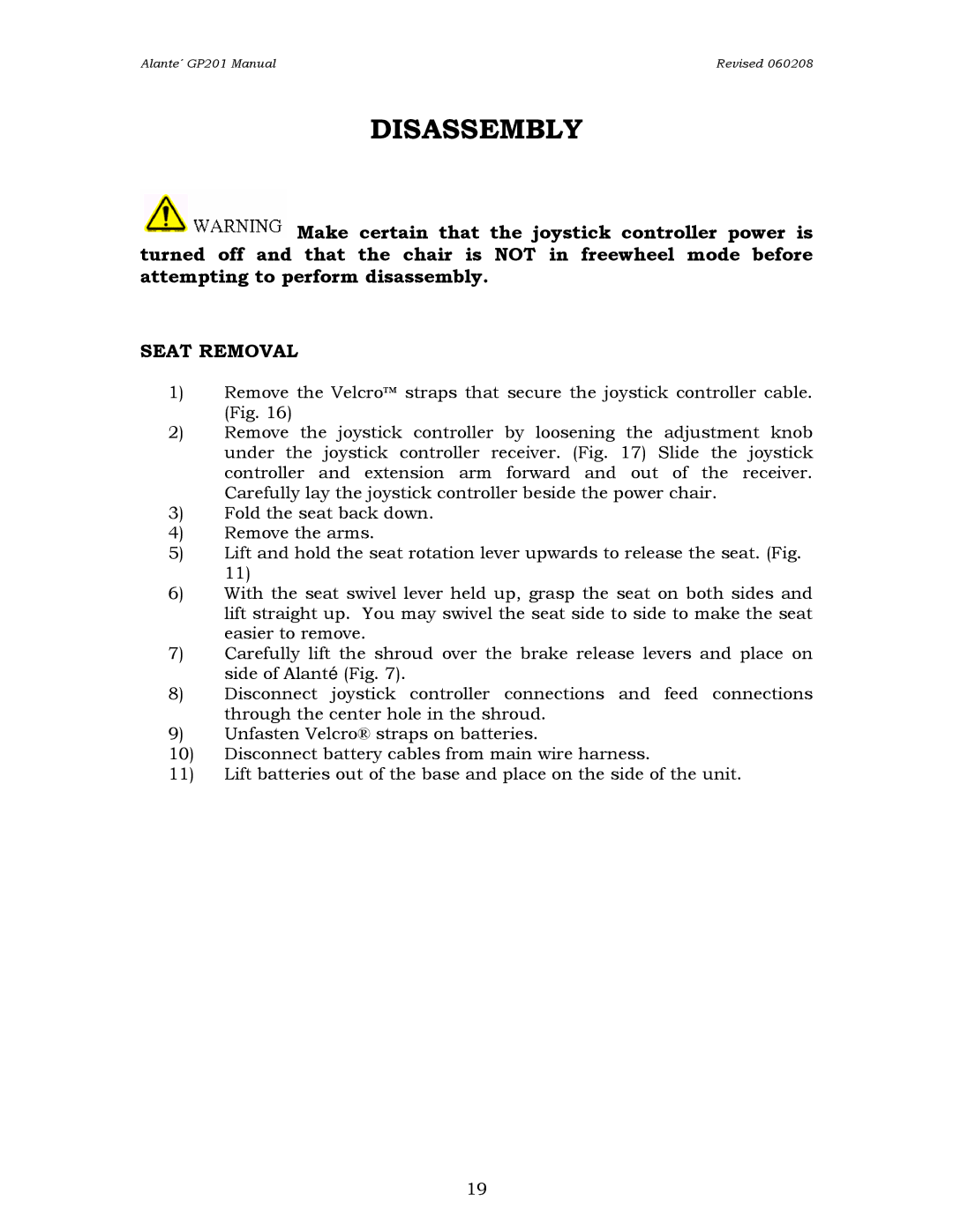 Golden Technologies GP201SS, GP201CC owner manual Disassembly, Seat Removal 