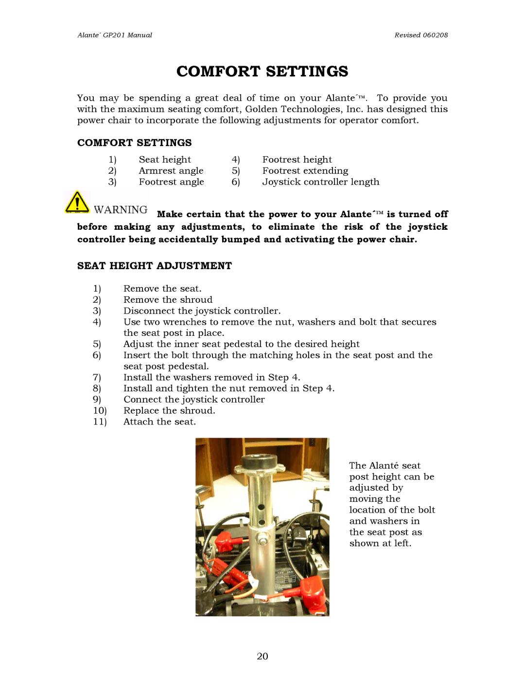 Golden Technologies GP201CC, GP201SS owner manual Comfort Settings, Seat Height Adjustment 