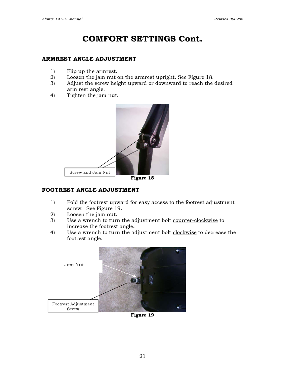 Golden Technologies GP201SS, GP201CC owner manual Comfort Settings, Armrest Angle Adjustment, Footrest Angle Adjustment 