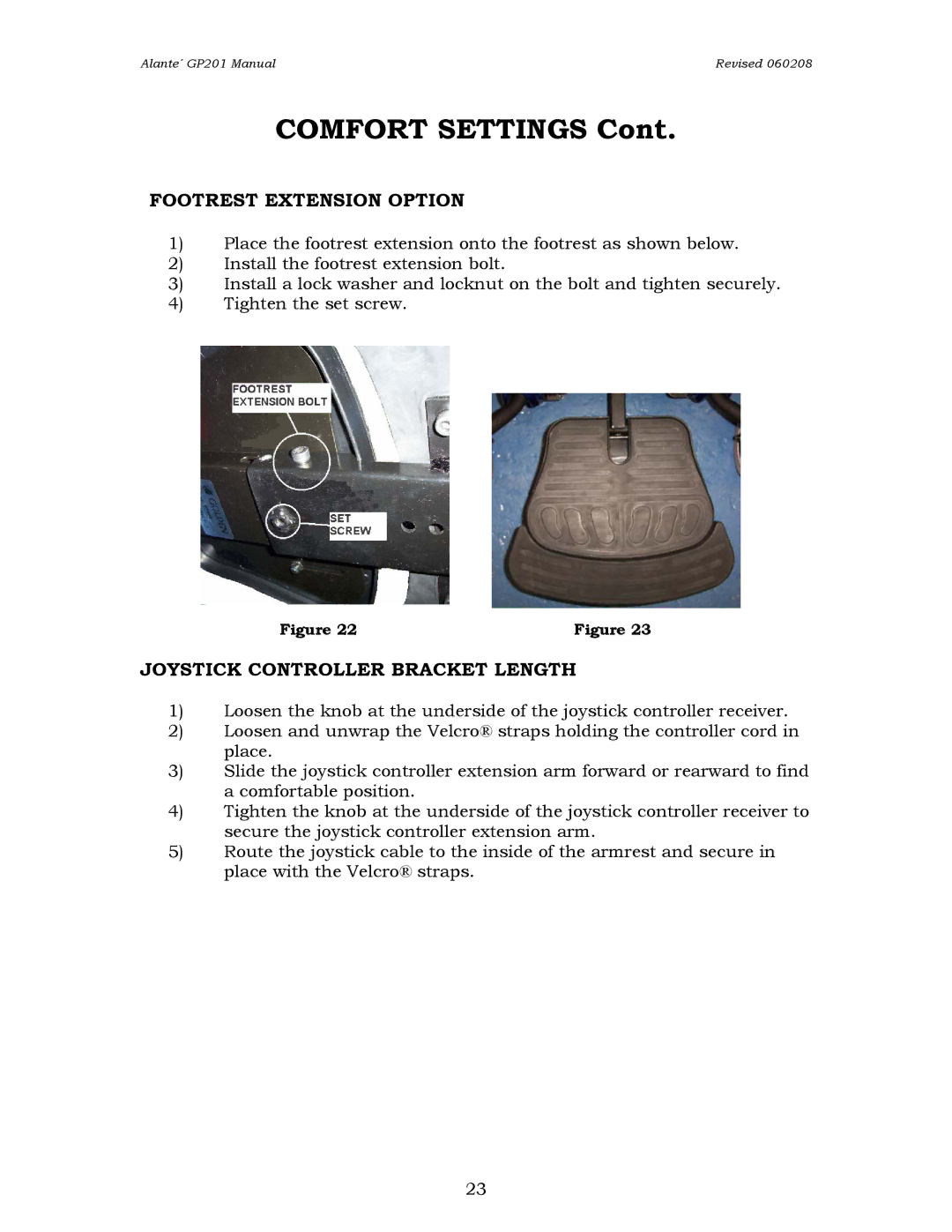 Golden Technologies GP201SS, GP201CC owner manual Footrest Extension Option, Joystick Controller Bracket Length 