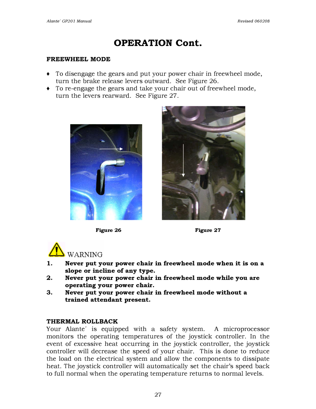 Golden Technologies GP201SS, GP201CC owner manual Freewheel Mode, Thermal Rollback 