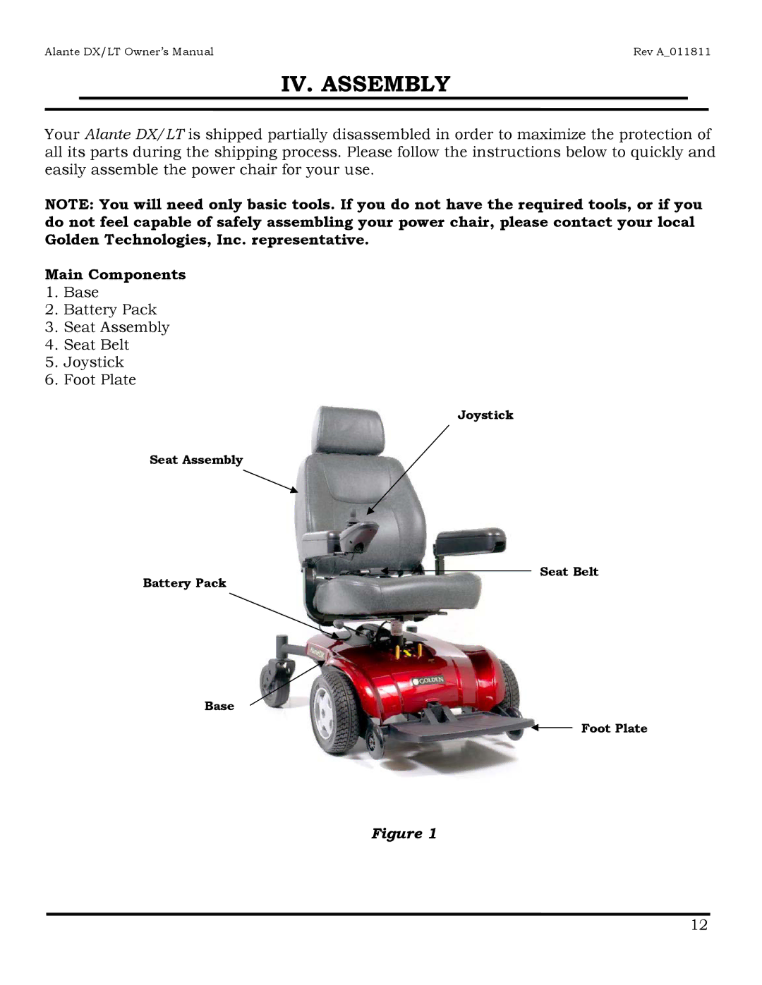 Golden Technologies GP204, GP215 owner manual IV. Assembly, Main Components 