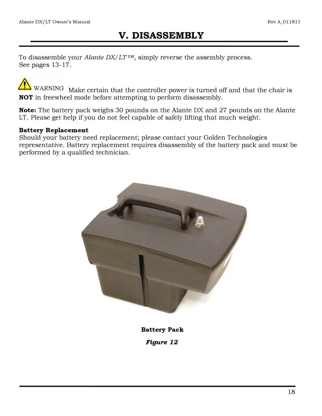 Golden Technologies GP204, GP215 owner manual Disassembly, Battery Replacement, Battery Pack 