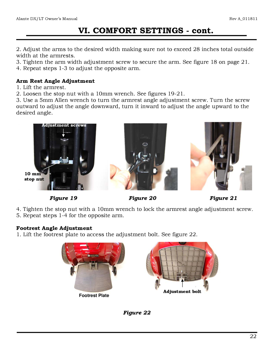 Golden Technologies GP204, GP215 owner manual Arm Rest Angle Adjustment, Footrest Angle Adjustment 