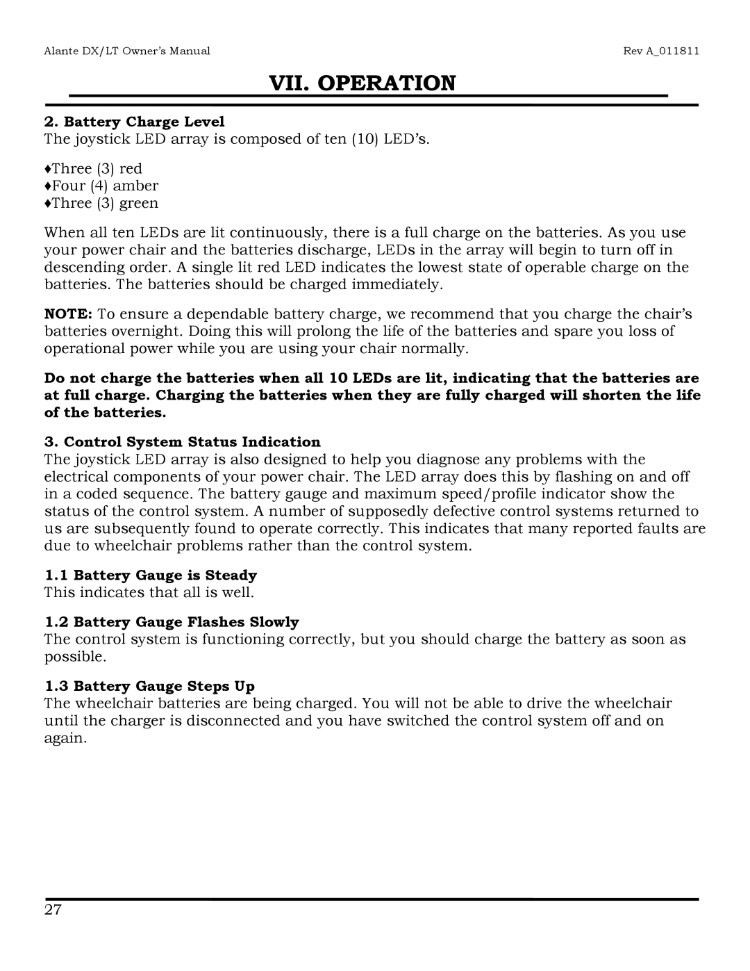 Golden Technologies GP215, GP204 owner manual Battery Charge Level, Battery Gauge Steps Up 