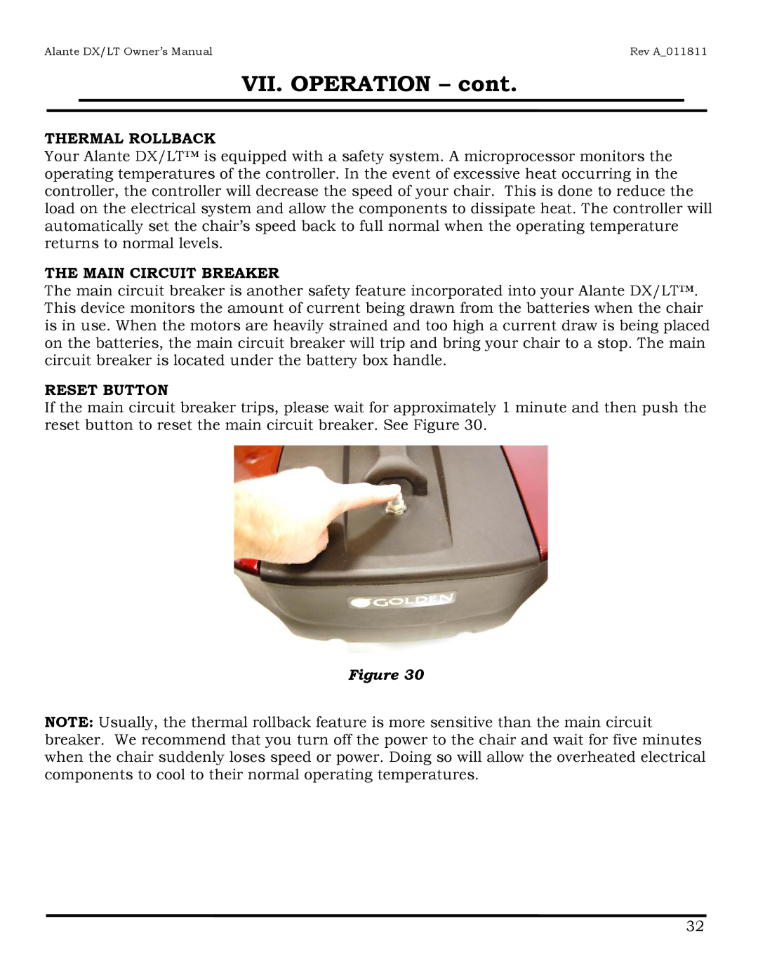 Golden Technologies GP204, GP215 owner manual Thermal Rollback, Main Circuit Breaker, Reset Button 