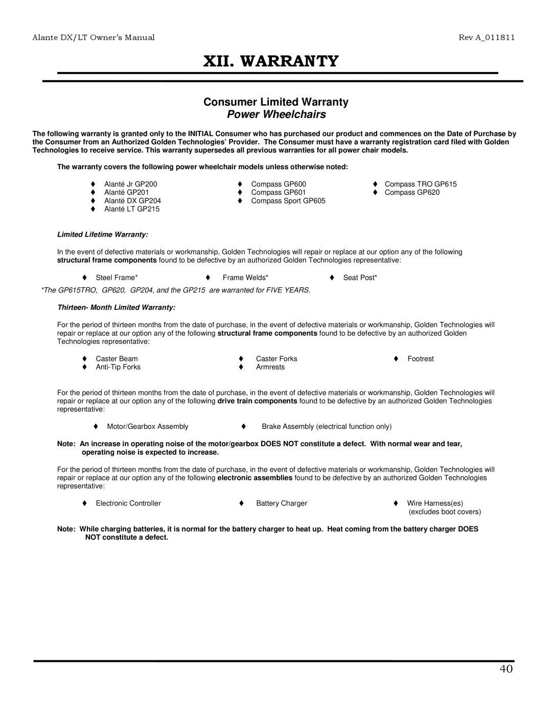 Golden Technologies GP204, GP215 owner manual XII. Warranty, Power Wheelchairs 