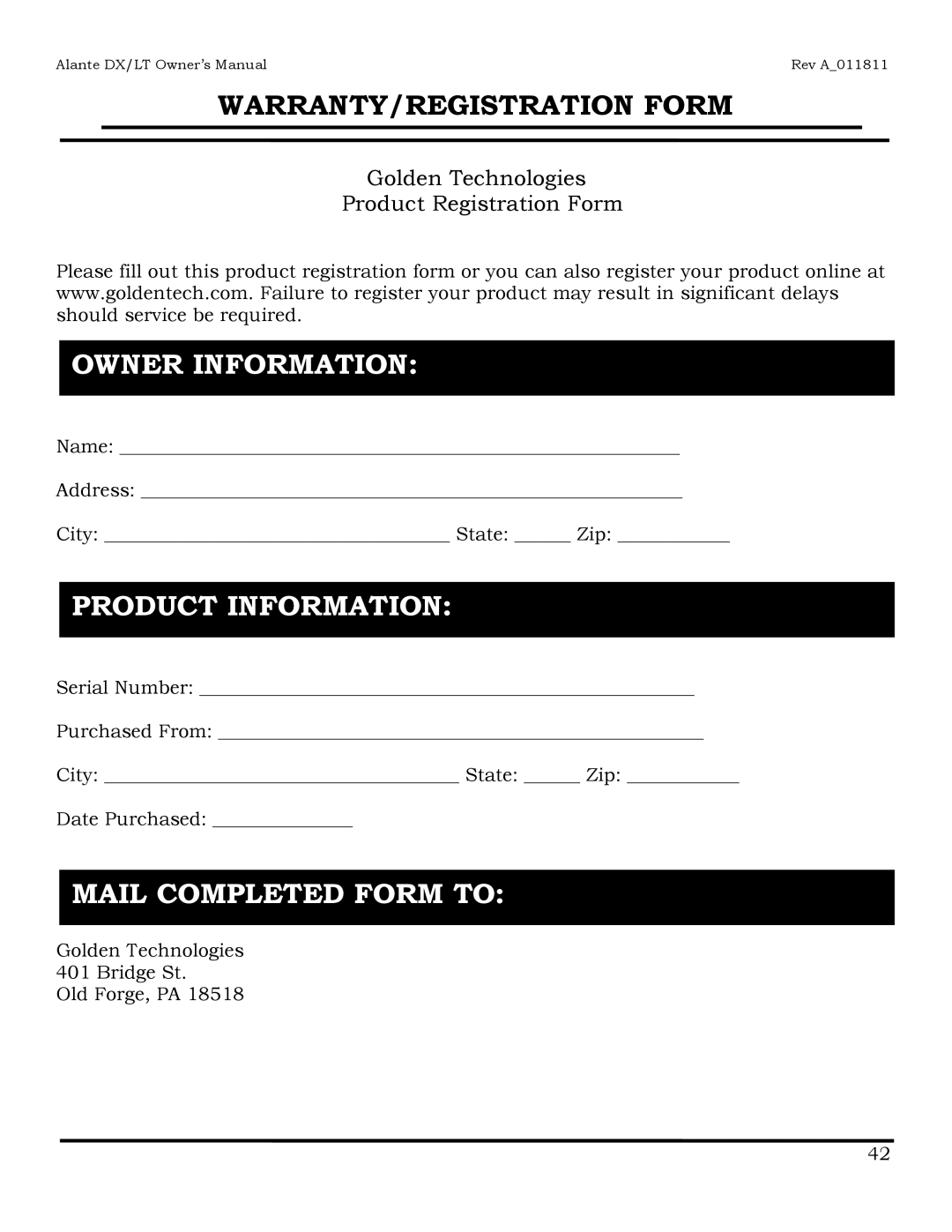 Golden Technologies GP204, GP215 owner manual WARRANTY/REGISTRATION Form, Mail Completed Form to 