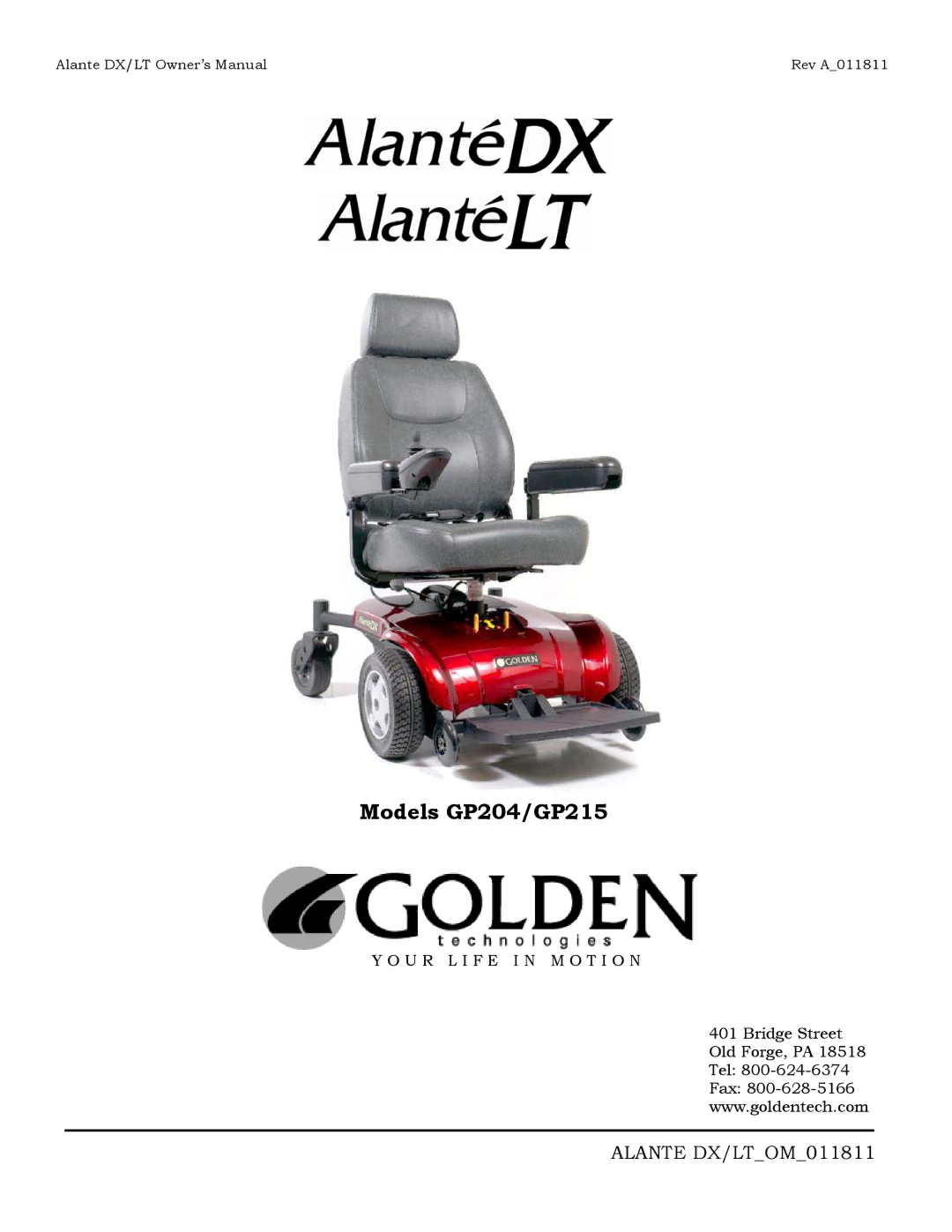 Golden Technologies GP215, GP204 owner manual Alante DX/LTOM011811 