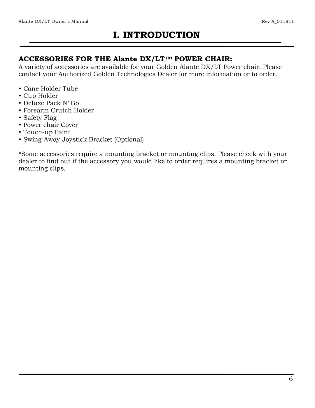 Golden Technologies GP204, GP215 owner manual Accessories for the Alante DX/LT Power Chair 