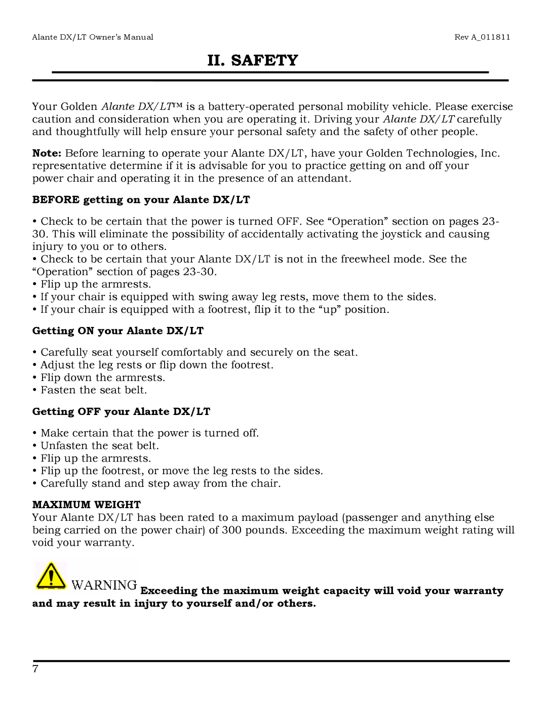 Golden Technologies GP215 II. Safety, Before getting on your Alante DX/LT, Getting on your Alante DX/LT, Maximum Weight 