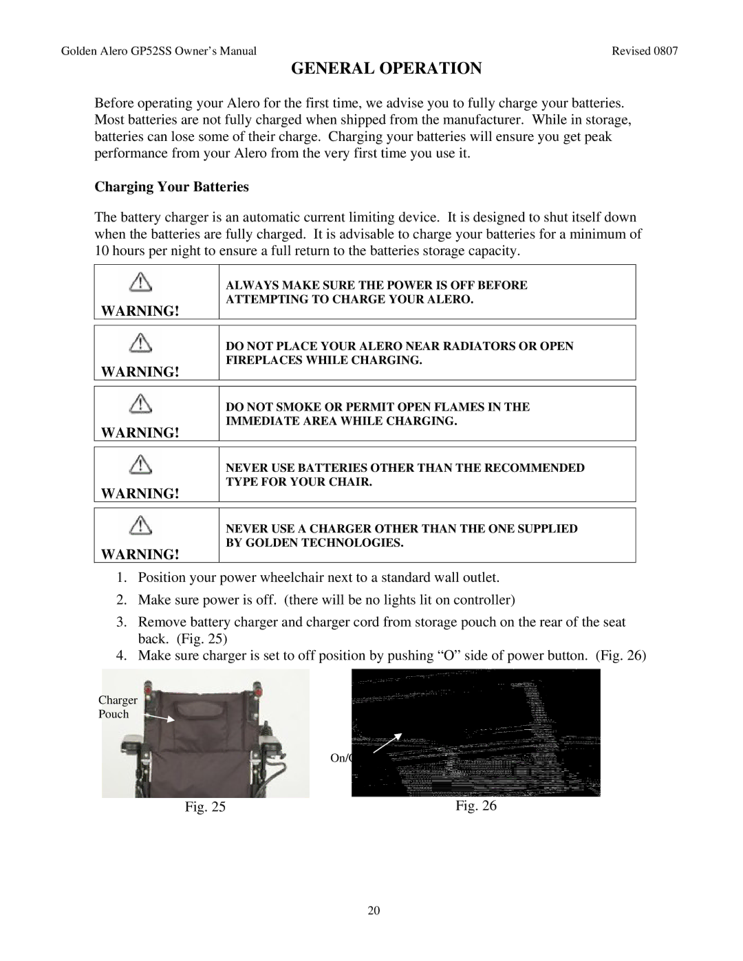 Golden Technologies GP52 owner manual General Operation, Charging Your Batteries 