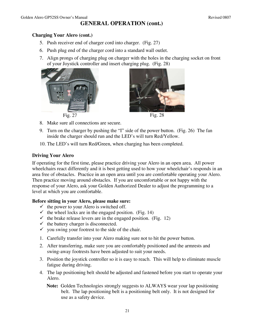 Golden Technologies GP52 owner manual General Operation, Charging Your Alero, Driving Your Alero 