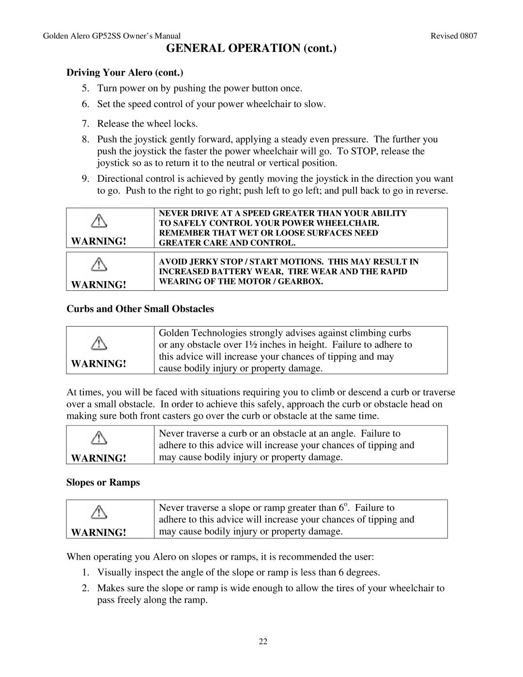 Golden Technologies GP52 owner manual Curbs and Other Small Obstacles, Slopes or Ramps 