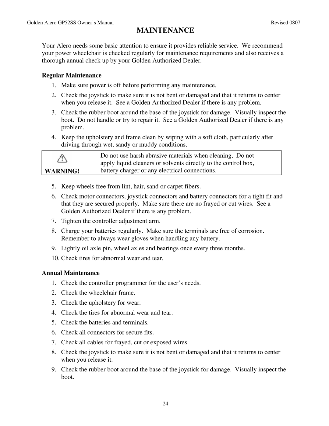 Golden Technologies GP52 owner manual Regular Maintenance, Annual Maintenance 