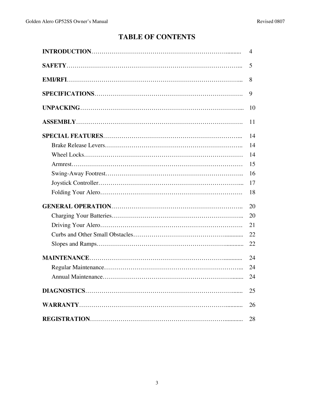 Golden Technologies GP52 owner manual Table of Contents 