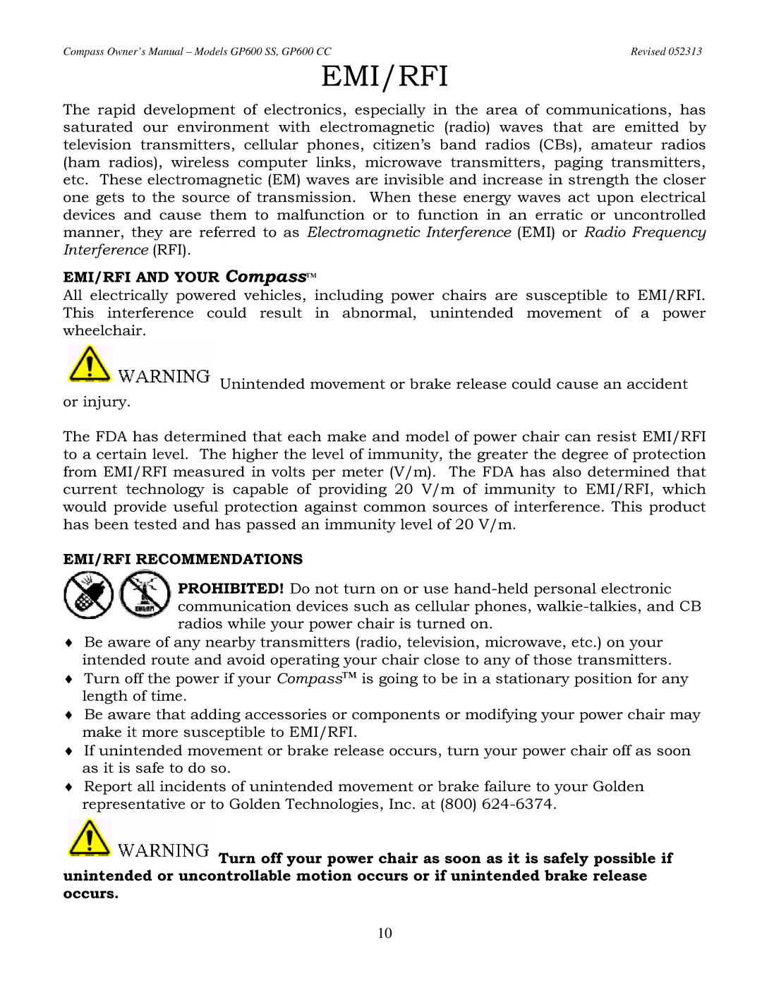 Golden Technologies GP600 SS, GP600 CC owner manual Emi/Rfi, EMI/RFI and Your Compass, EMI/RFI Recommendations 