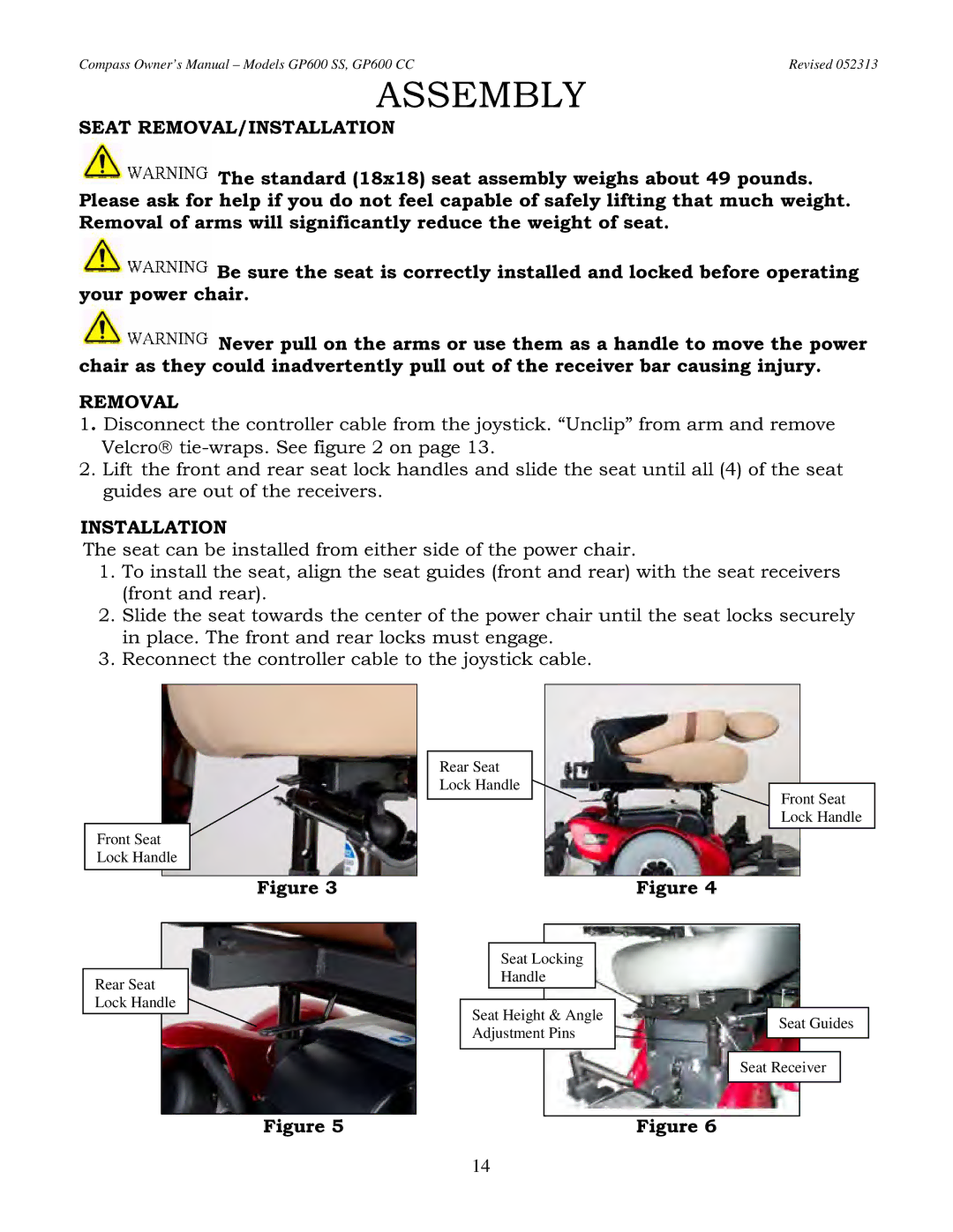 Golden Technologies GP600 SS, GP600 CC owner manual Seat REMOVAL/INSTALLATION, Removal, Installation 