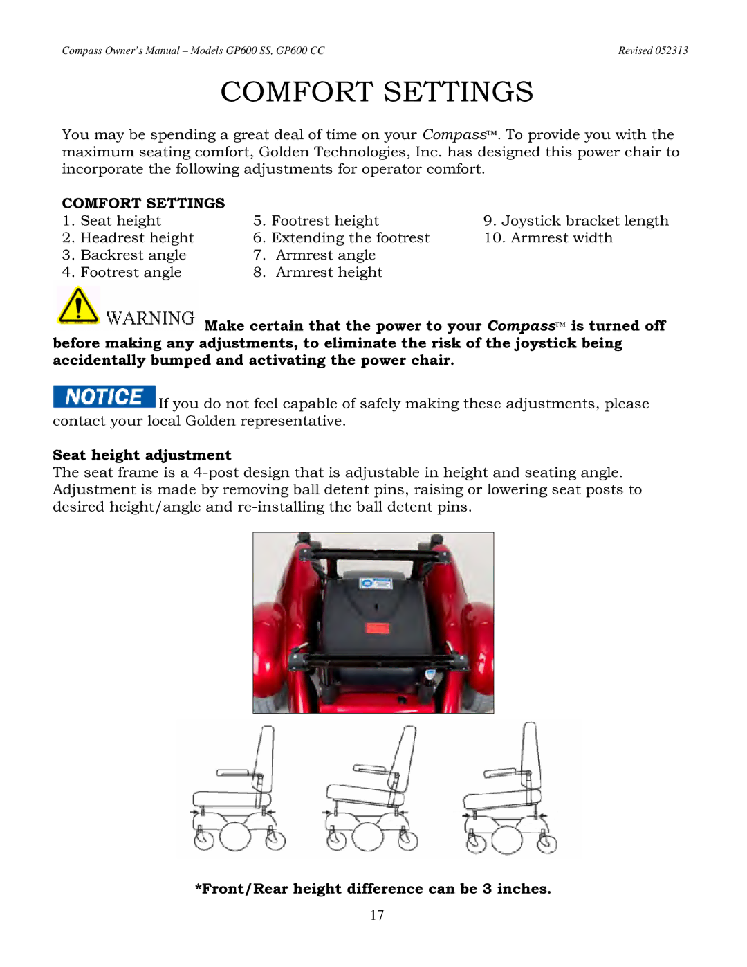 Golden Technologies GP600 CC Comfort Settings, Seat height adjustment, Front/Rear height difference can be 3 inches 