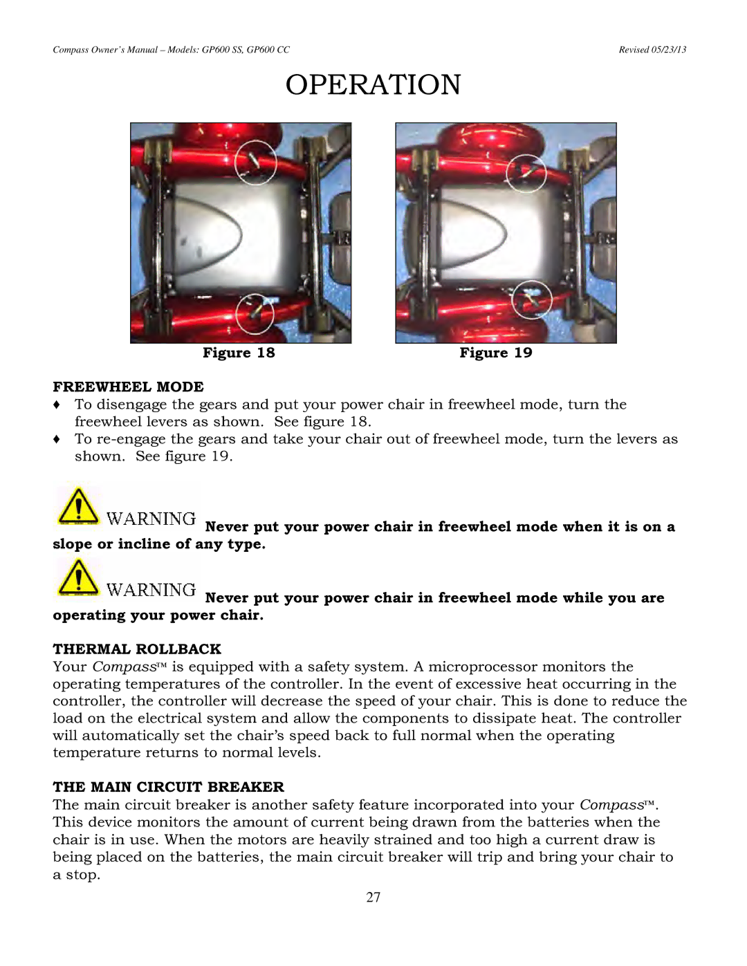 Golden Technologies GP600 CC, GP600 SS owner manual Freewheel Mode, Thermal Rollback, Main Circuit Breaker 