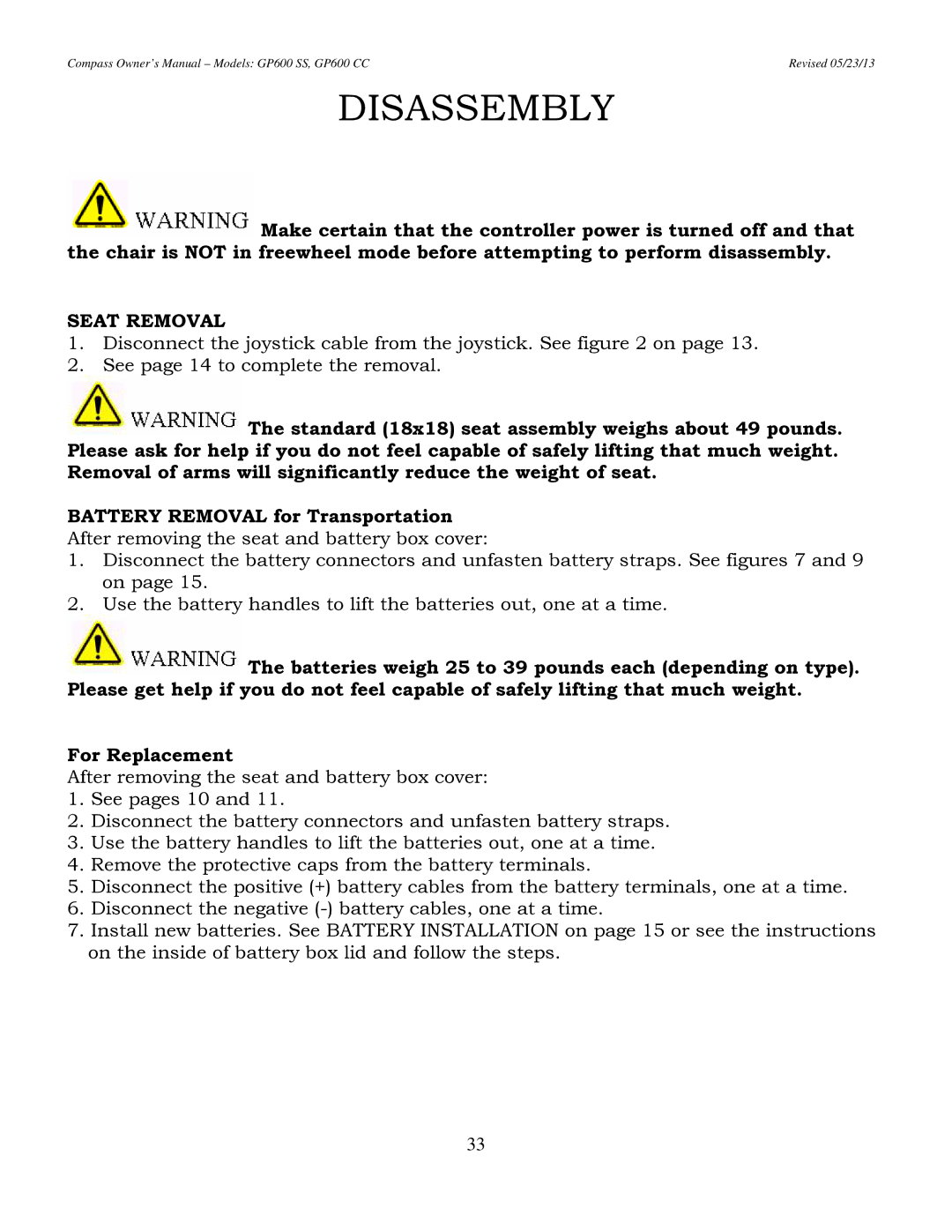 Golden Technologies GP600 CC, GP600 SS owner manual Disassembly, Seat Removal 