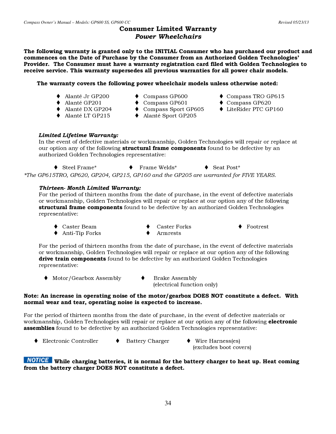 Golden Technologies GP600 SS, GP600 CC owner manual Consumer Limited Warranty, Power Wheelchairs 