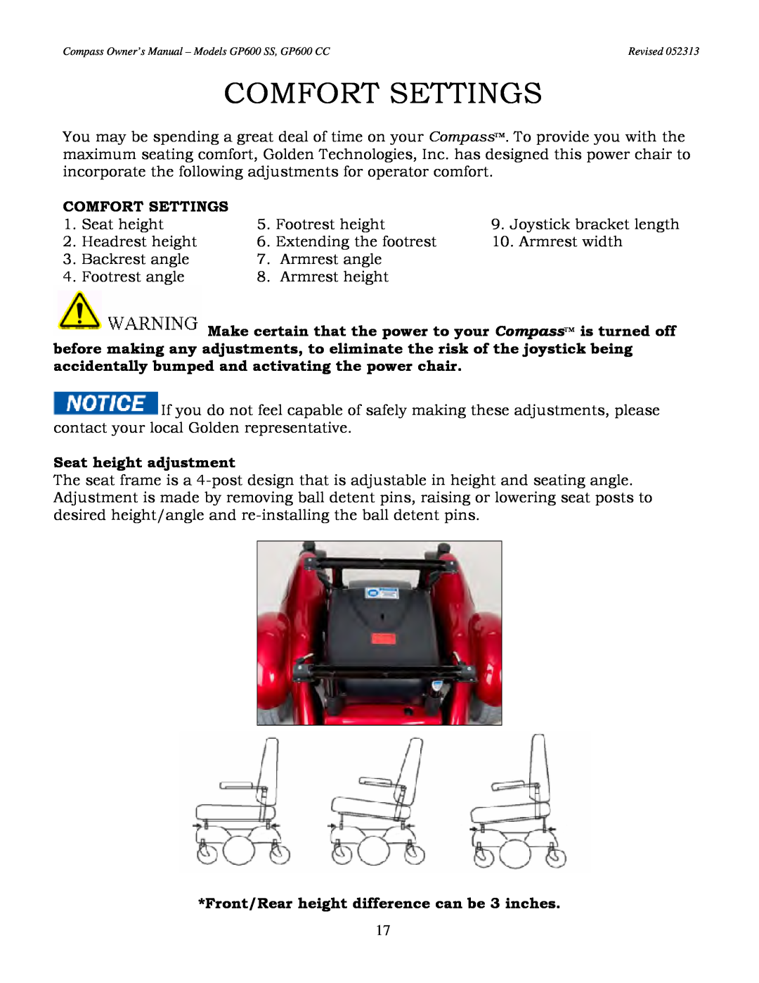 Golden Technologies GP600 CC Comfort Settings, Seat height adjustment, Front/Rear height difference can be 3 inches 