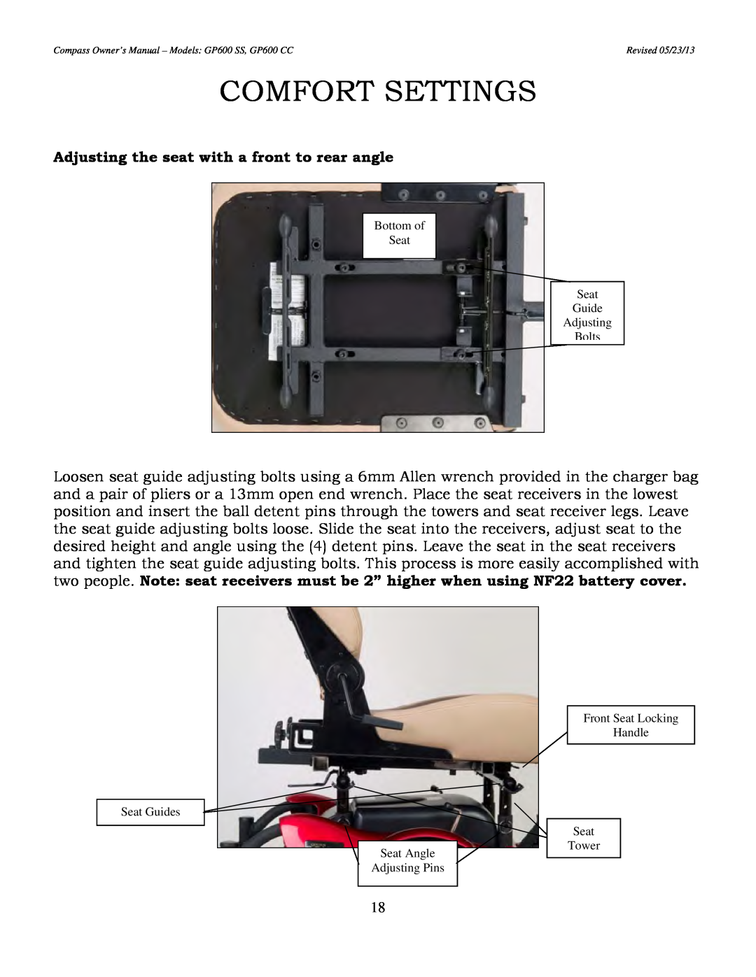 Golden Technologies GP600 SS Comfort Settings, Adjusting the seat with a front to rear angle, Bottom of Seat, Seat Guides 