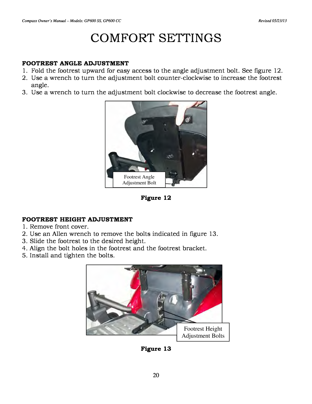 Golden Technologies GP600 SS, GP600 CC owner manual Comfort Settings, Footrest Angle Adjustment, Footrest Height Adjustment 