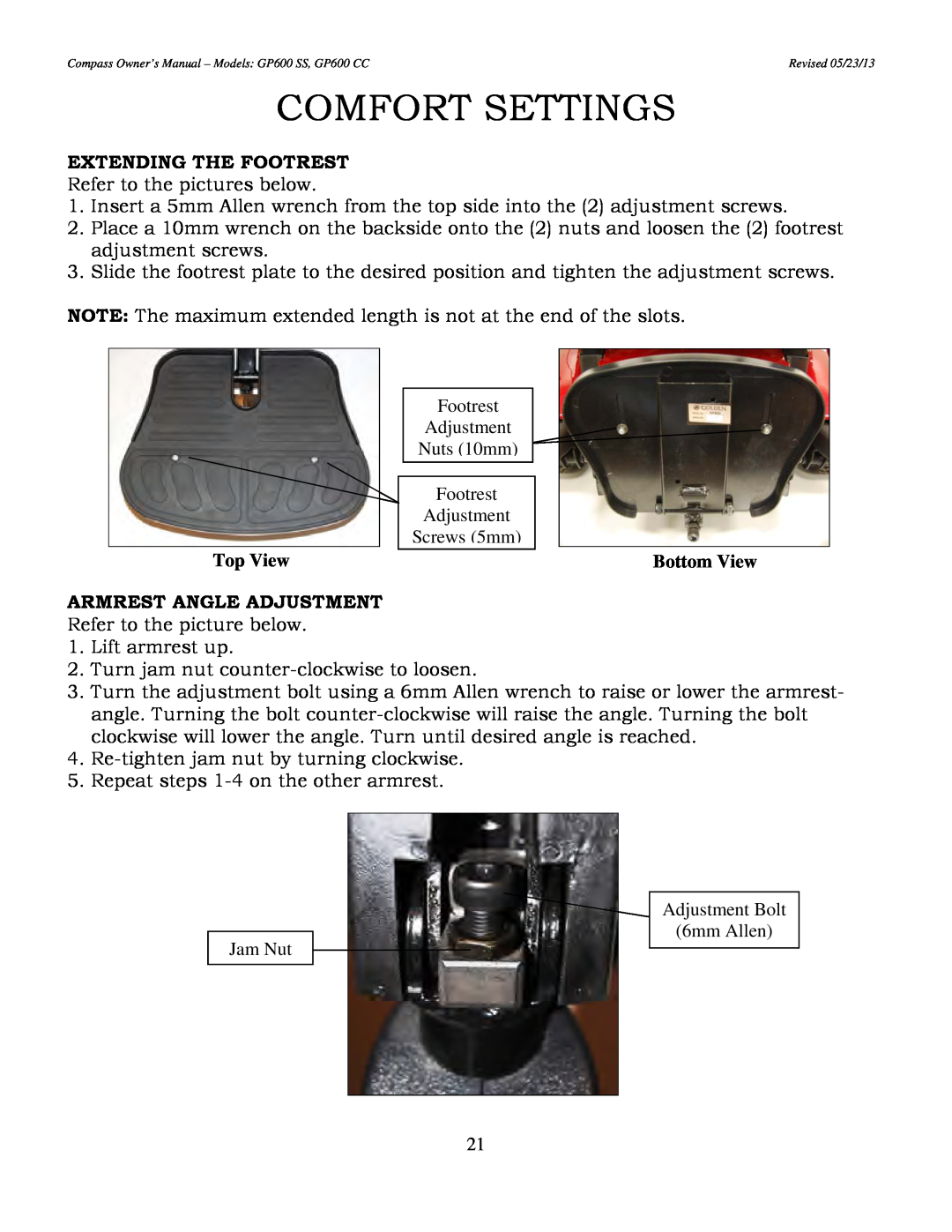 Golden Technologies GP600 CC Comfort Settings, Extending The Footrest, Top View, Bottom View, Armrest Angle Adjustment 