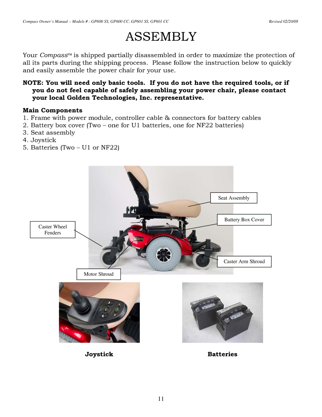 Golden Technologies GP601 CC owner manual Assembly, Main Components, Joystick Batteries 