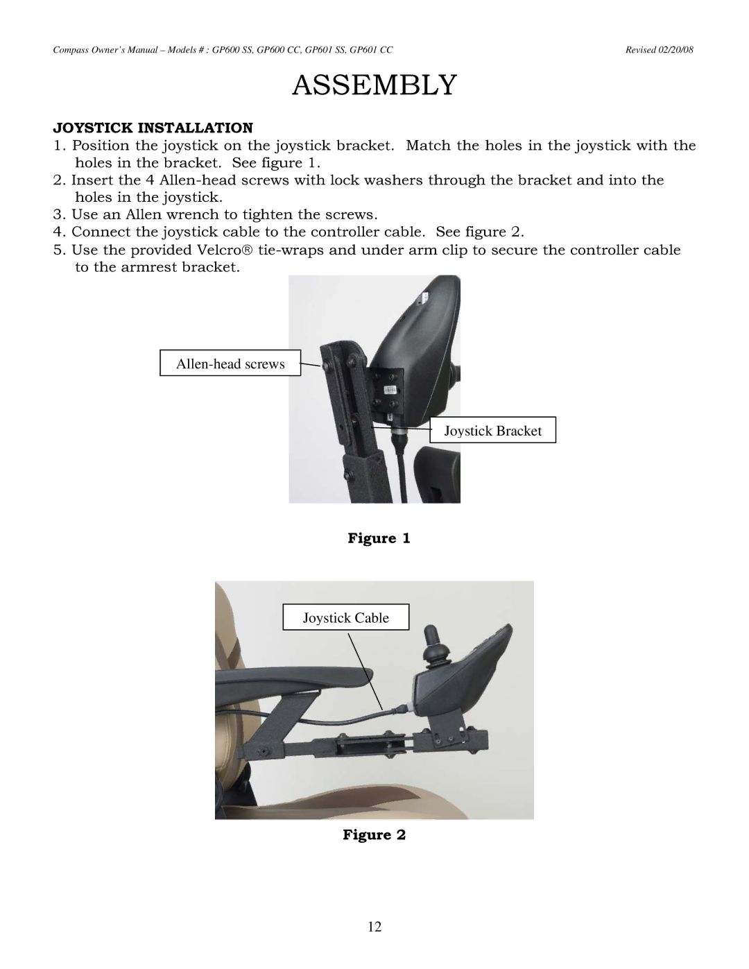 Golden Technologies GP601 CC owner manual Joystick Installation 