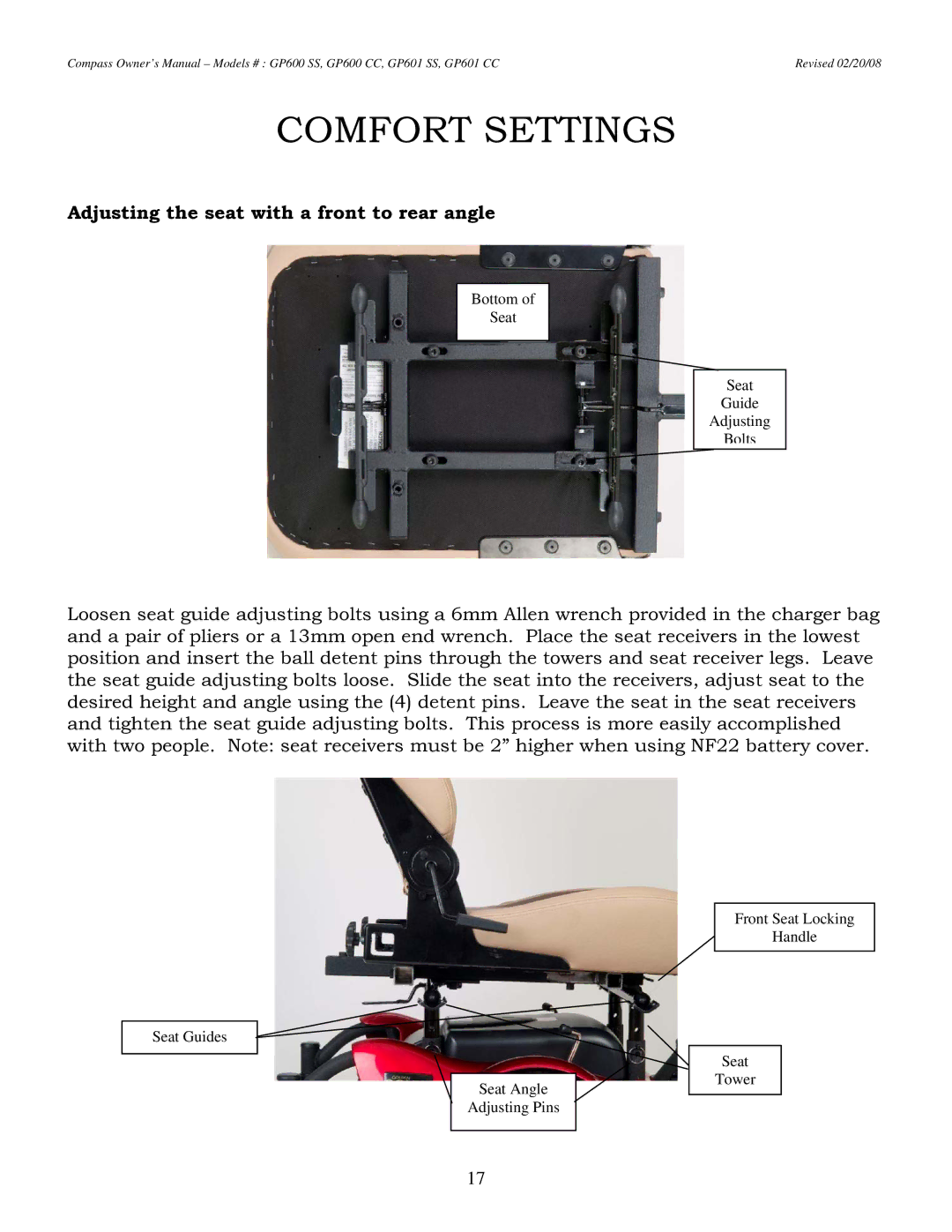 Golden Technologies GP601 CC owner manual Adjusting the seat with a front to rear angle 