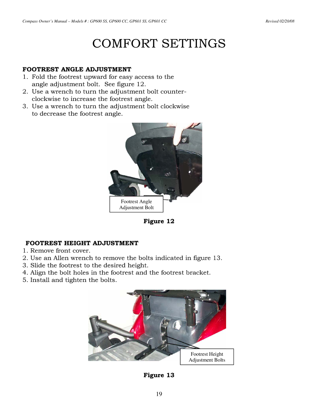 Golden Technologies GP601 CC owner manual Footrest Angle Adjustment, Footrest Height Adjustment 