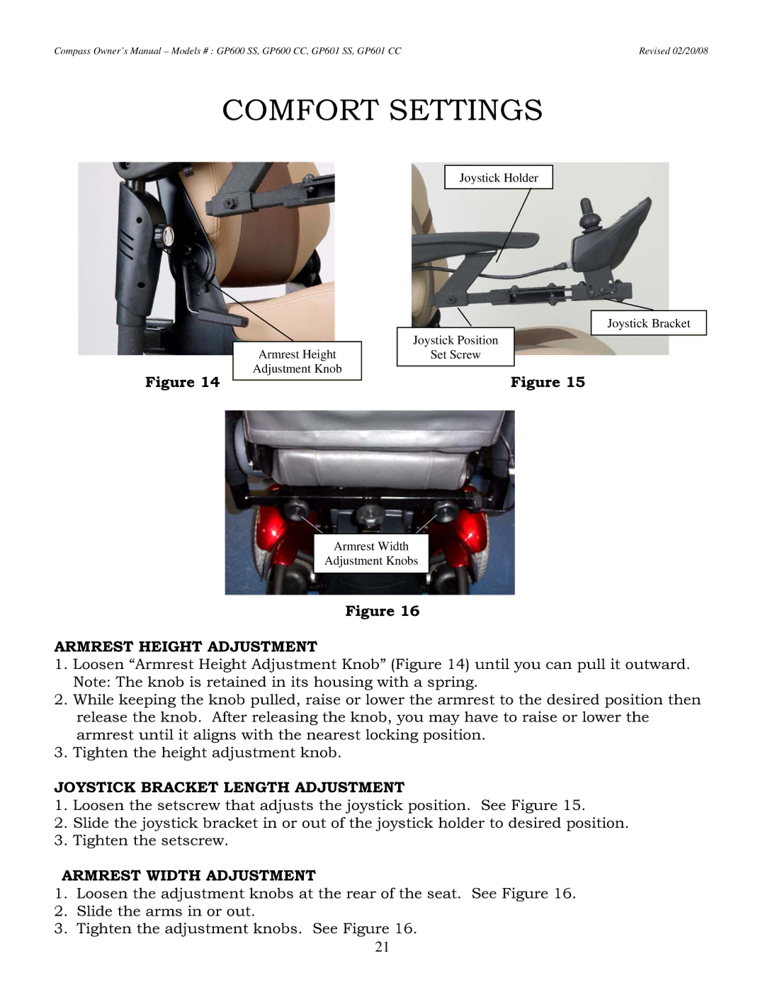 Golden Technologies GP601 CC Armrest Height Adjustment, Joystick Bracket Length Adjustment, Armrest Width Adjustment 