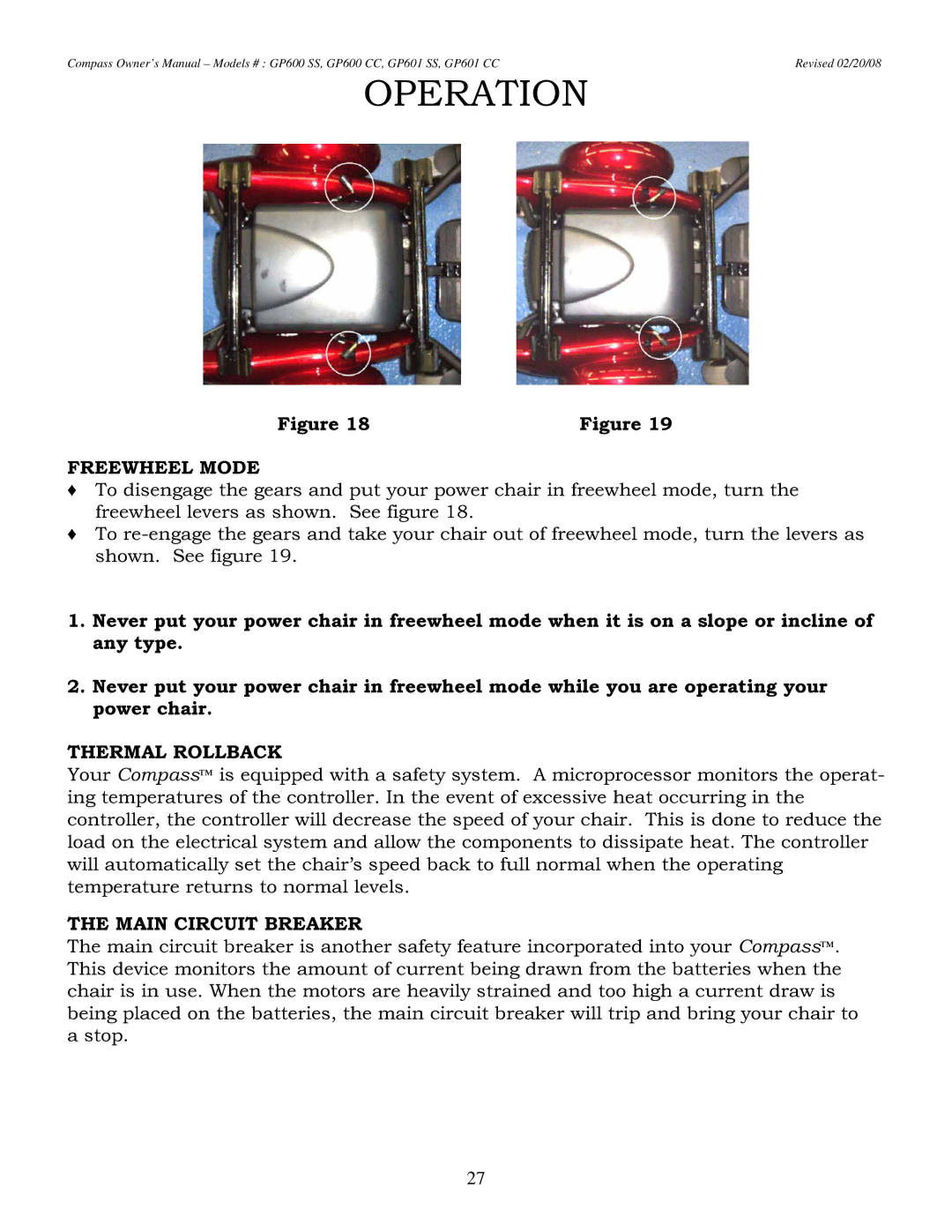 Golden Technologies GP601 CC owner manual Freewheel Mode, Thermal Rollback, Main Circuit Breaker 