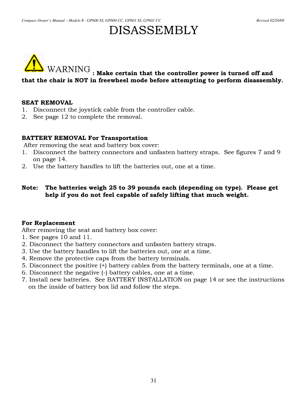 Golden Technologies GP601 CC owner manual Disassembly, Seat Removal, Battery Removal For Transportation, For Replacement 