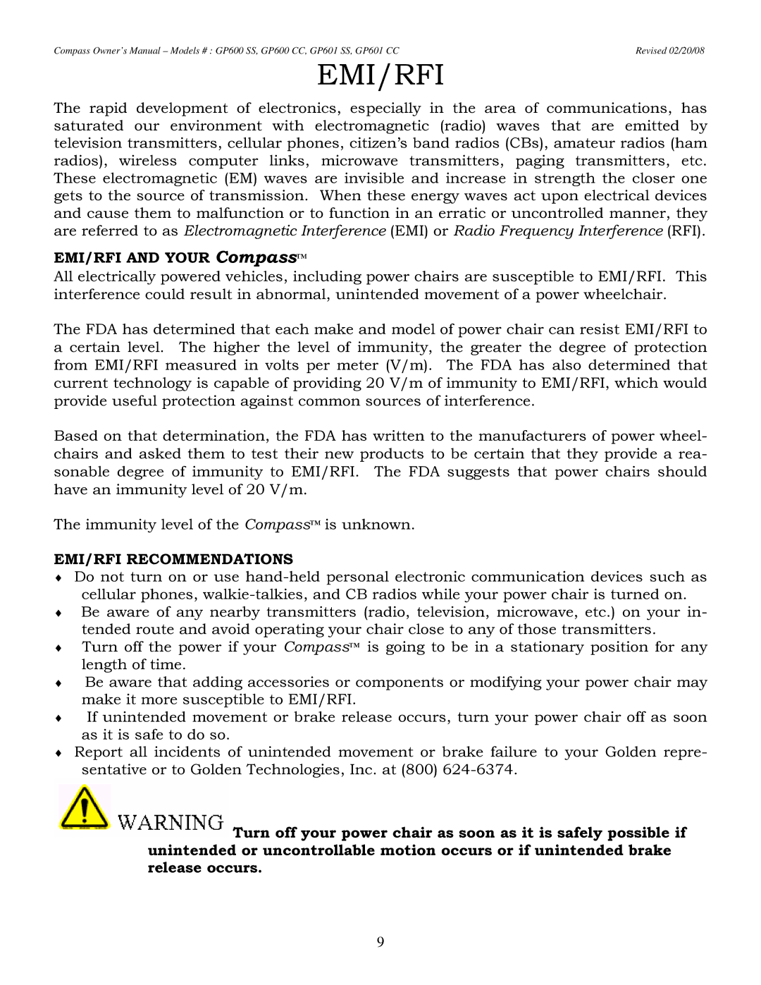 Golden Technologies GP601 CC owner manual Emi/Rfi, EMI/RFI and Your Compass, EMI/RFI Recommendations 