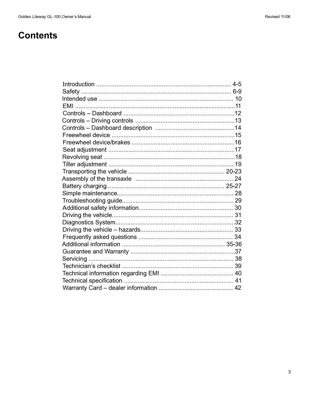 Golden Technologies LitewayTM owner manual Contents 