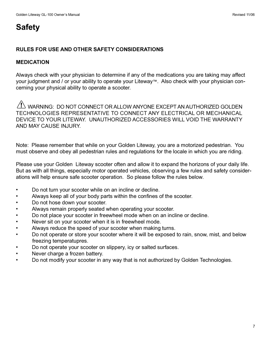 Golden Technologies LitewayTM owner manual Rules for USE and Other Safety Considerations Medication 