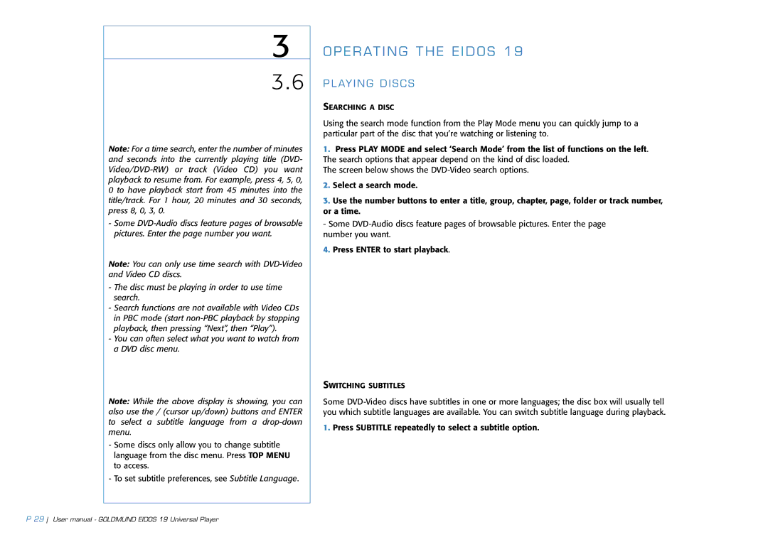 Goldmund 19 user manual Disc must be playing in order to use time search 