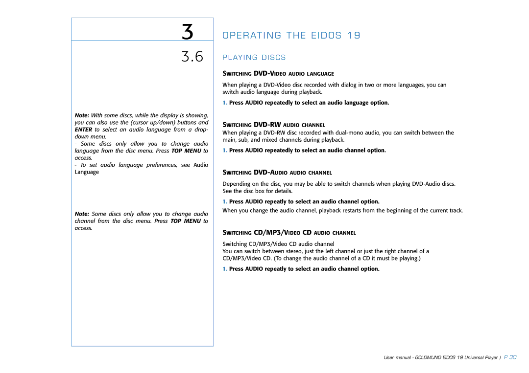 Goldmund 19 user manual Switching DVD-VIDEO Audio Language 