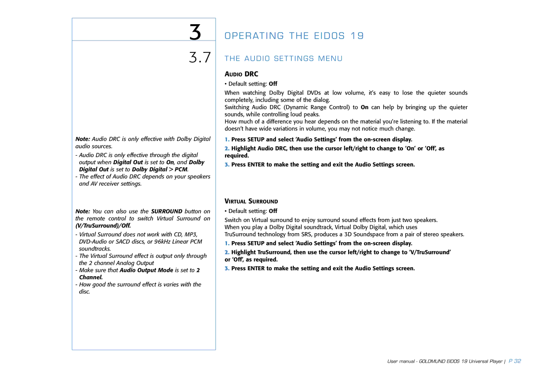 Goldmund 19 user manual Audio Settings Menu, TruSurround/Off 