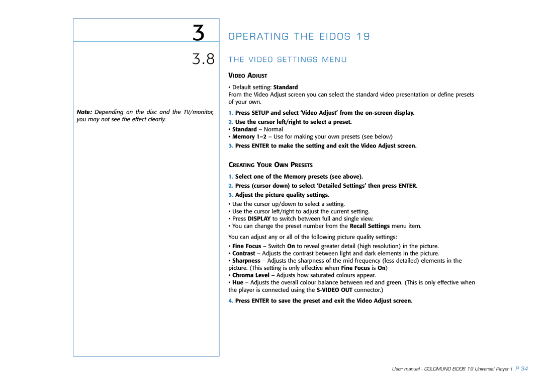 Goldmund 19 user manual Video Settings Menu 